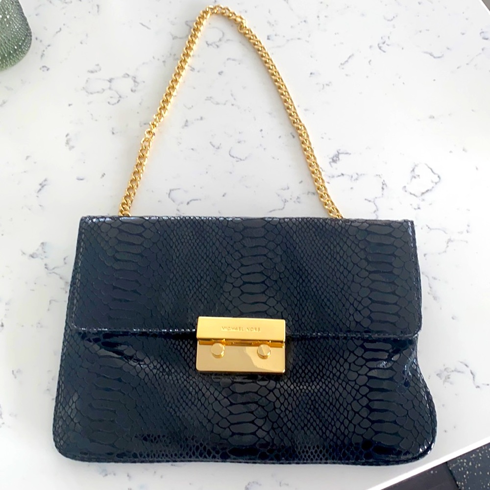 BRAND NEW, NEVER USED MICHAEL KORS SNAKESKIN LEATHER CLUTCH WITH GOLD CHAIN